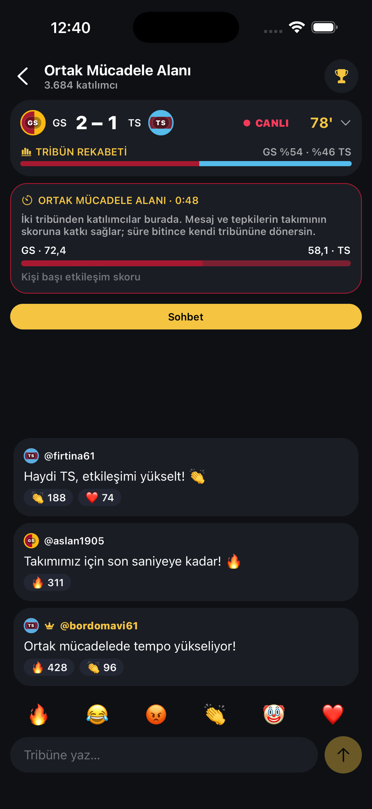Tribün Üstünlüğü canlı mücadele ekranı